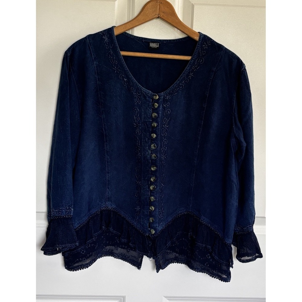 Mandala Boho embroidered Lace Trim Button Up Blue XL Blouse Fairycore 0550
